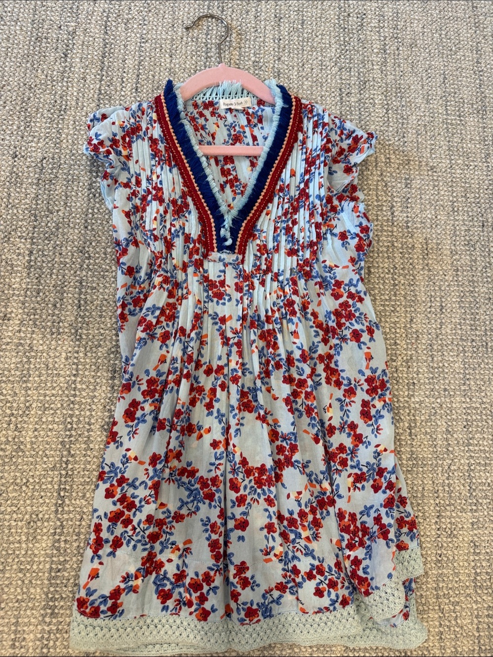 Poupette St. Barth Light Blue Dress with Red Floral and Navy Trim